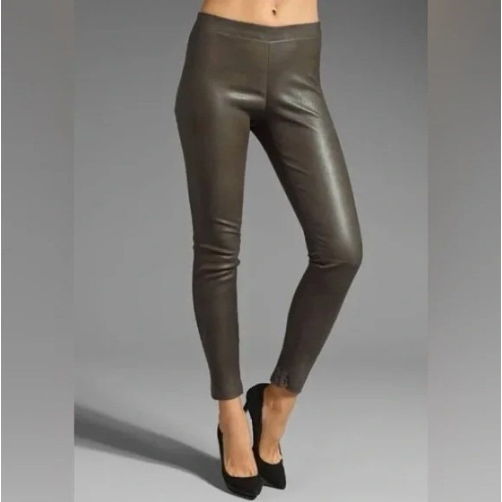 Vince Genuine Leather Leggings Brown Skinny Pants Zip Ankle Pants Stretch L
